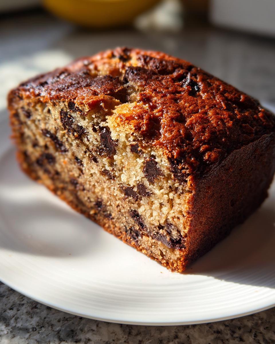 Close-up of a moist slice of chocolate chip banana bread with a dark, caramelized crust, served on a white plate.
