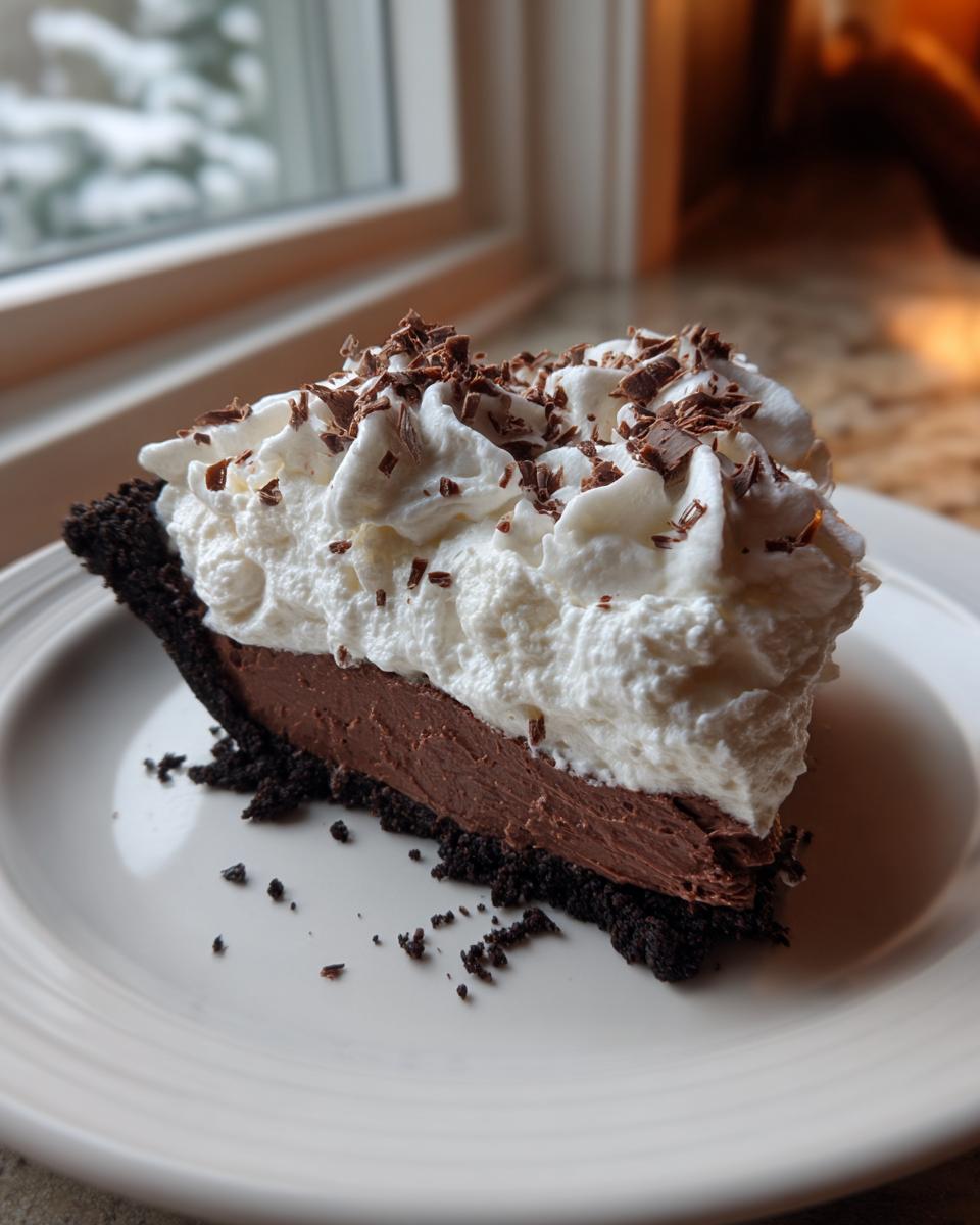 A decadent slice of Christmas chocolate cream pie featuring a dark crust, rich chocolate filling, and tall whipped cream topped with chocolate shavings.