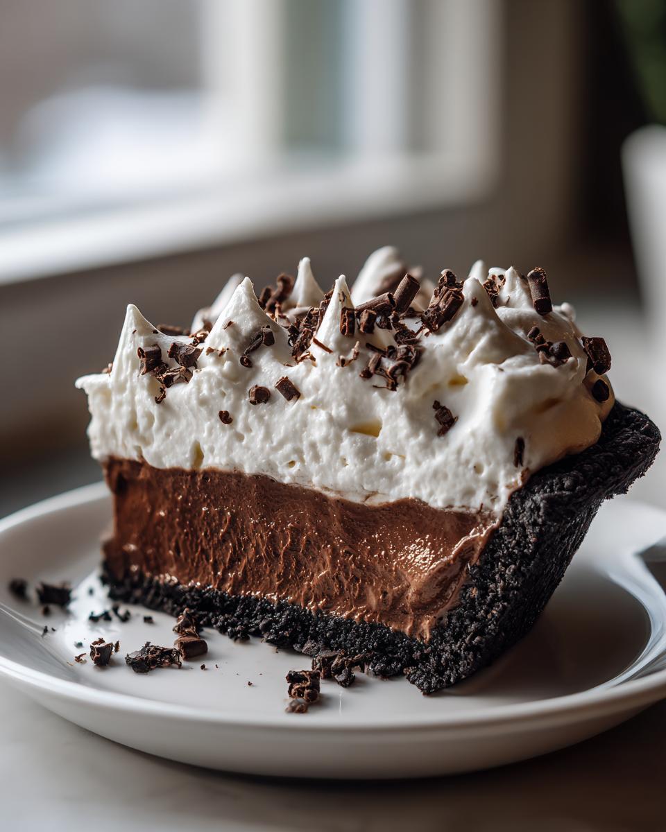 A decadent slice of Christmas chocolate cream pie featuring a dark crust, rich chocolate filling, and peaks of whipped cream with chocolate shavings.