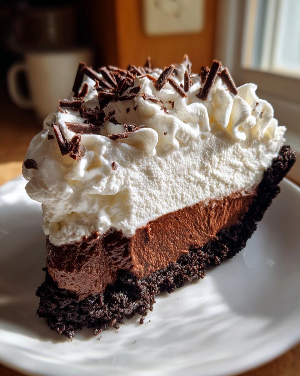 A perfect slice of Christmas chocolate cream pie featuring a dark crust, rich chocolate filling, and tall whipped cream topped with chocolate shavings.