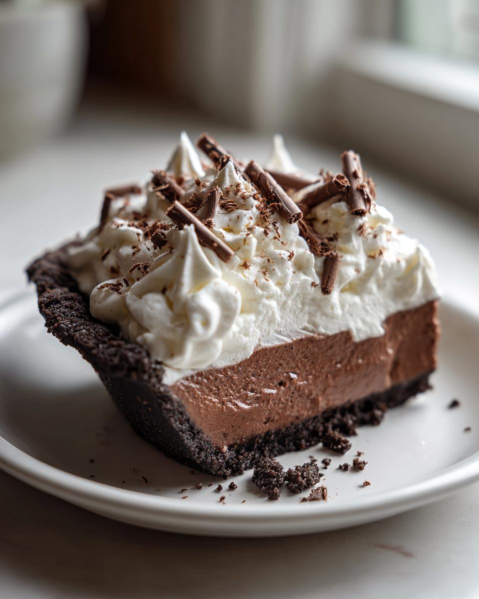 A rich slice of Christmas chocolate cream pie featuring a dark crust, chocolate filling, and topped with whipped cream and chocolate shavings.
