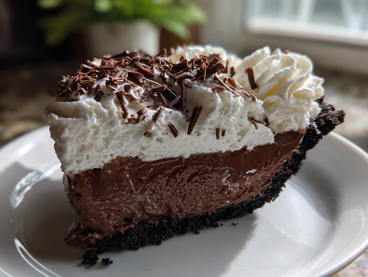 A perfect slice of Christmas chocolate cream pie featuring a dark crust, rich chocolate filling, and whipped cream topped with shavings.