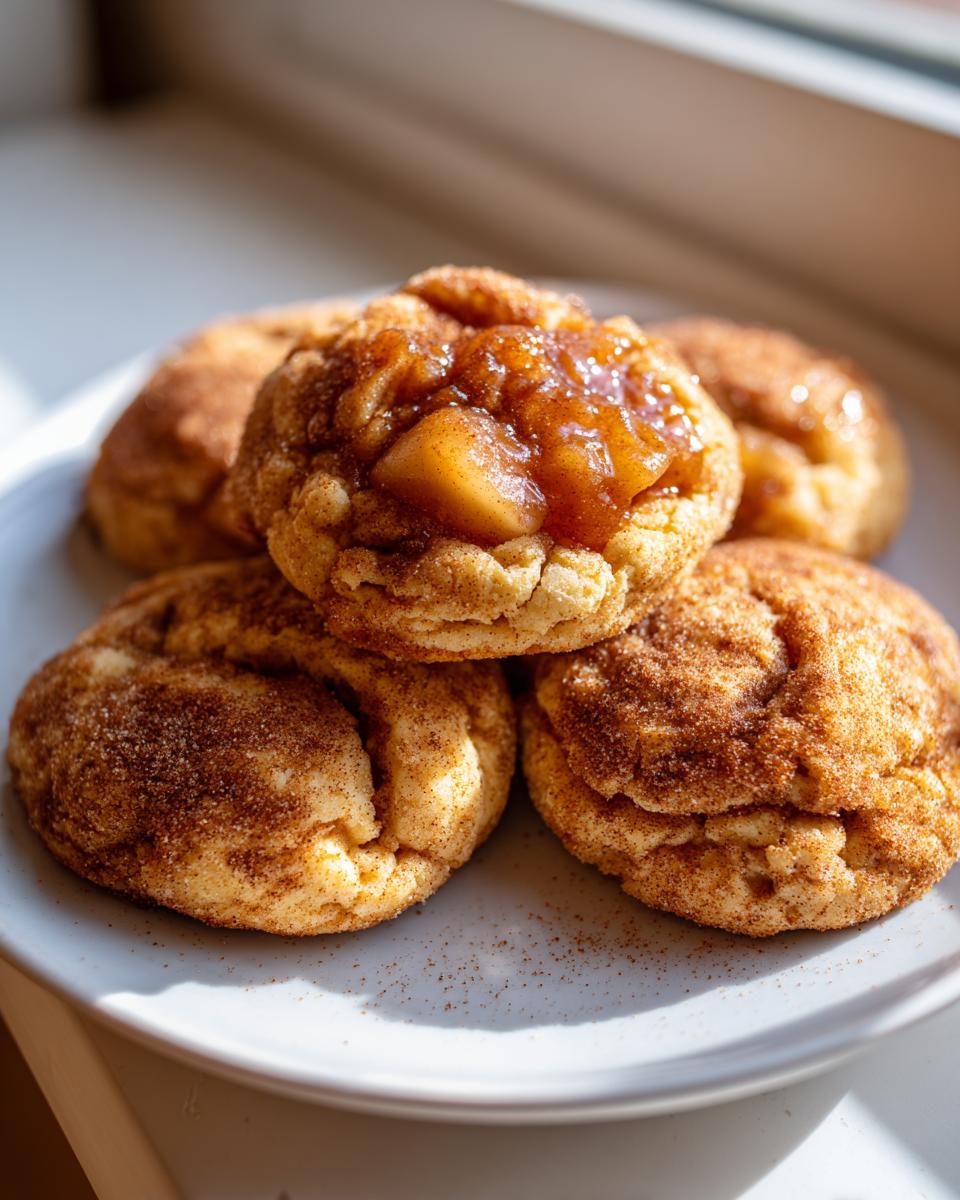 A close-up of several soft, cinnamon-sugar coated apple pie cookies stacked on a light blue plate.