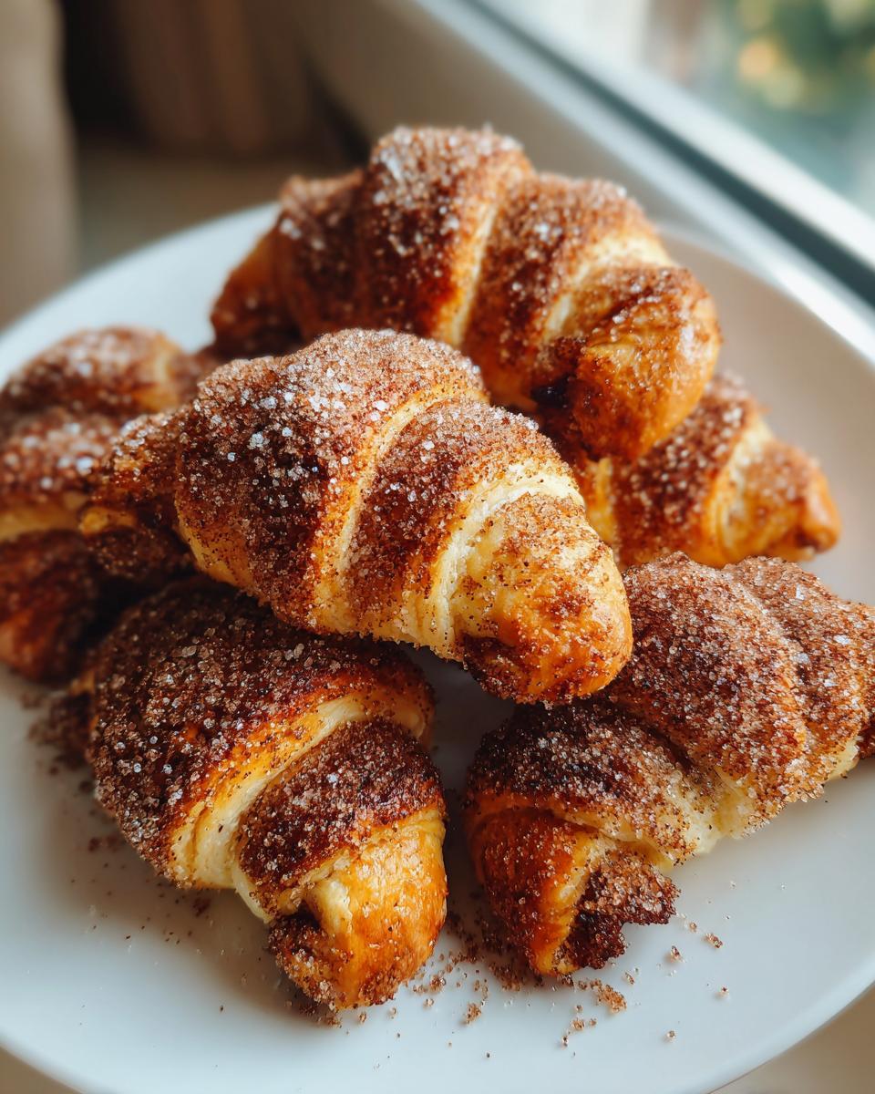 A close-up of several golden-brown Rugelach pastries heavily coated in cinnamon sugar, stacked on a white plate.