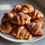 A close-up of several golden-brown Rugelach pastries generously coated in cinnamon sugar, piled high on a white plate.