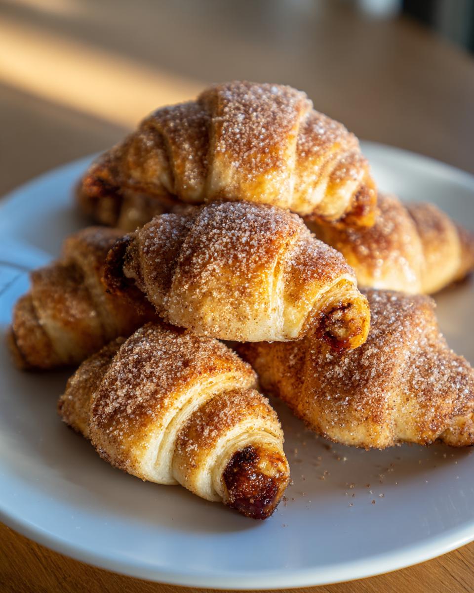 A stack of freshly baked, golden brown Rugelach pastries coated heavily in cinnamon sugar.