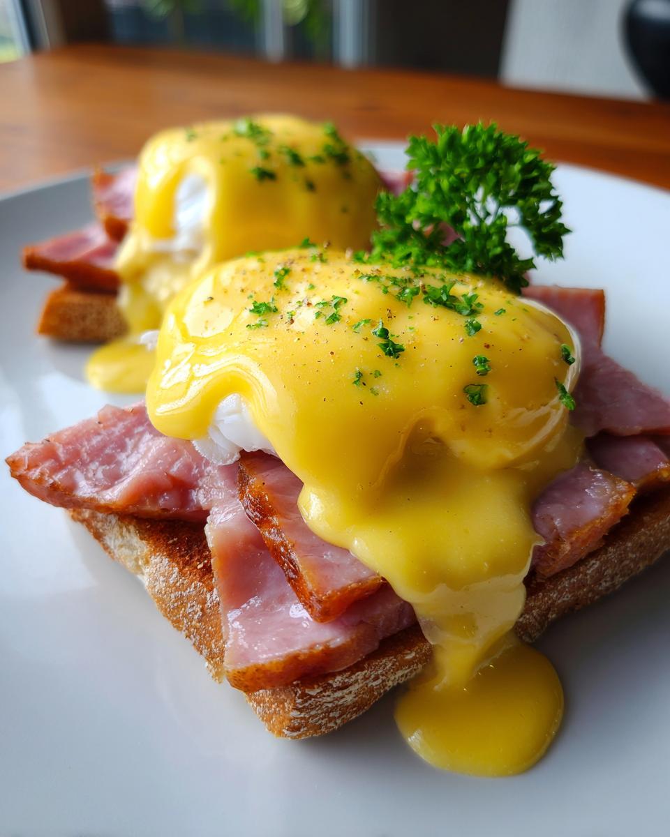 Two servings of classic eggs benedict featuring poached eggs, hollandaise sauce, and ham on toast.