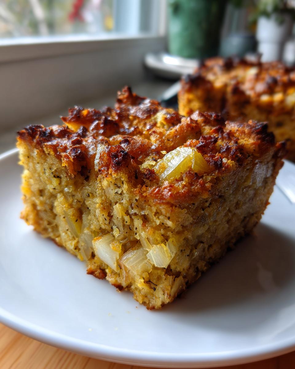A square slice of savory cornbread dressing with visible chunks of onion and a crispy, browned top.