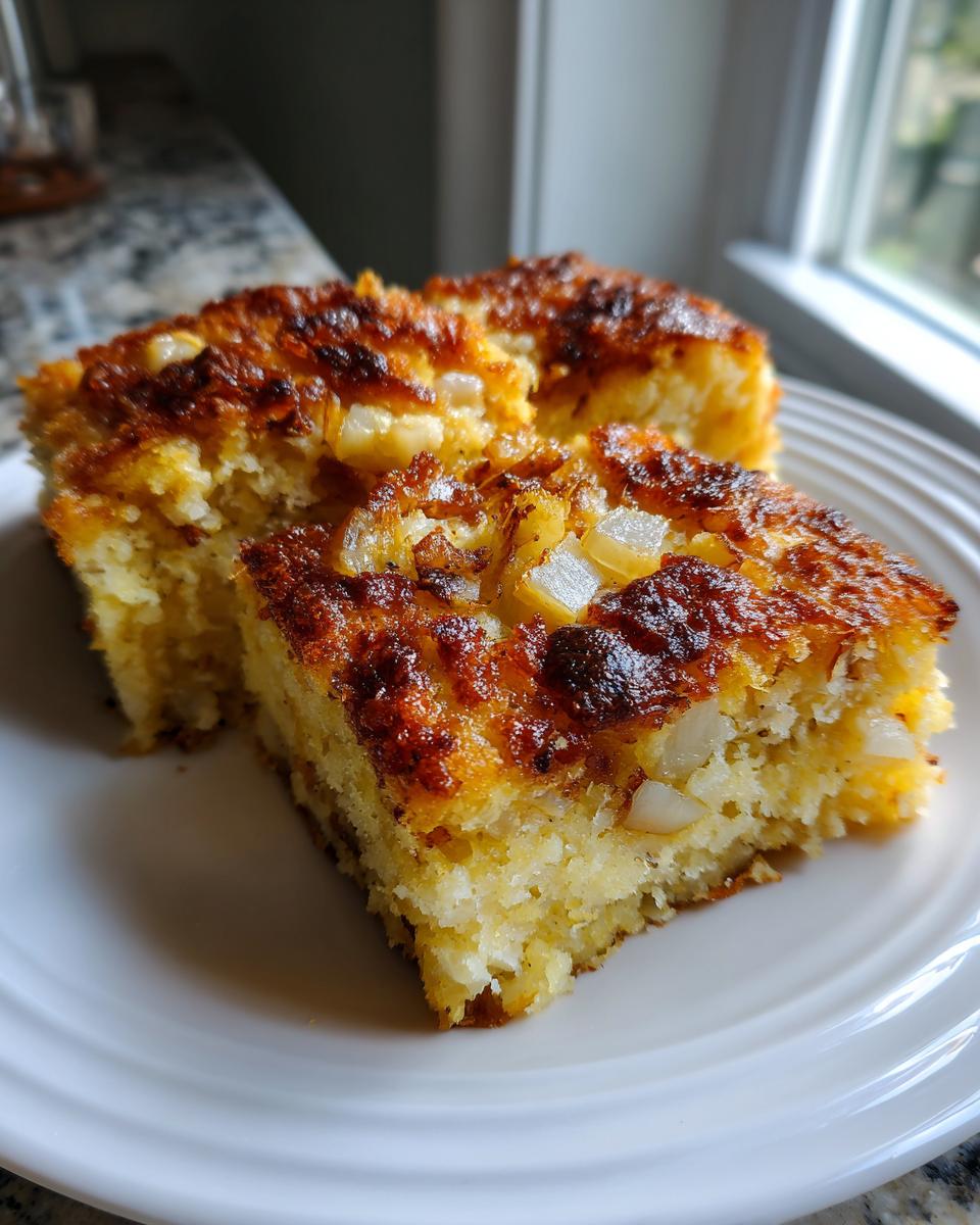 Two squares of moist Cornbread dressing with a deeply browned, crispy top featuring visible chunks of onion, served on a white plate.