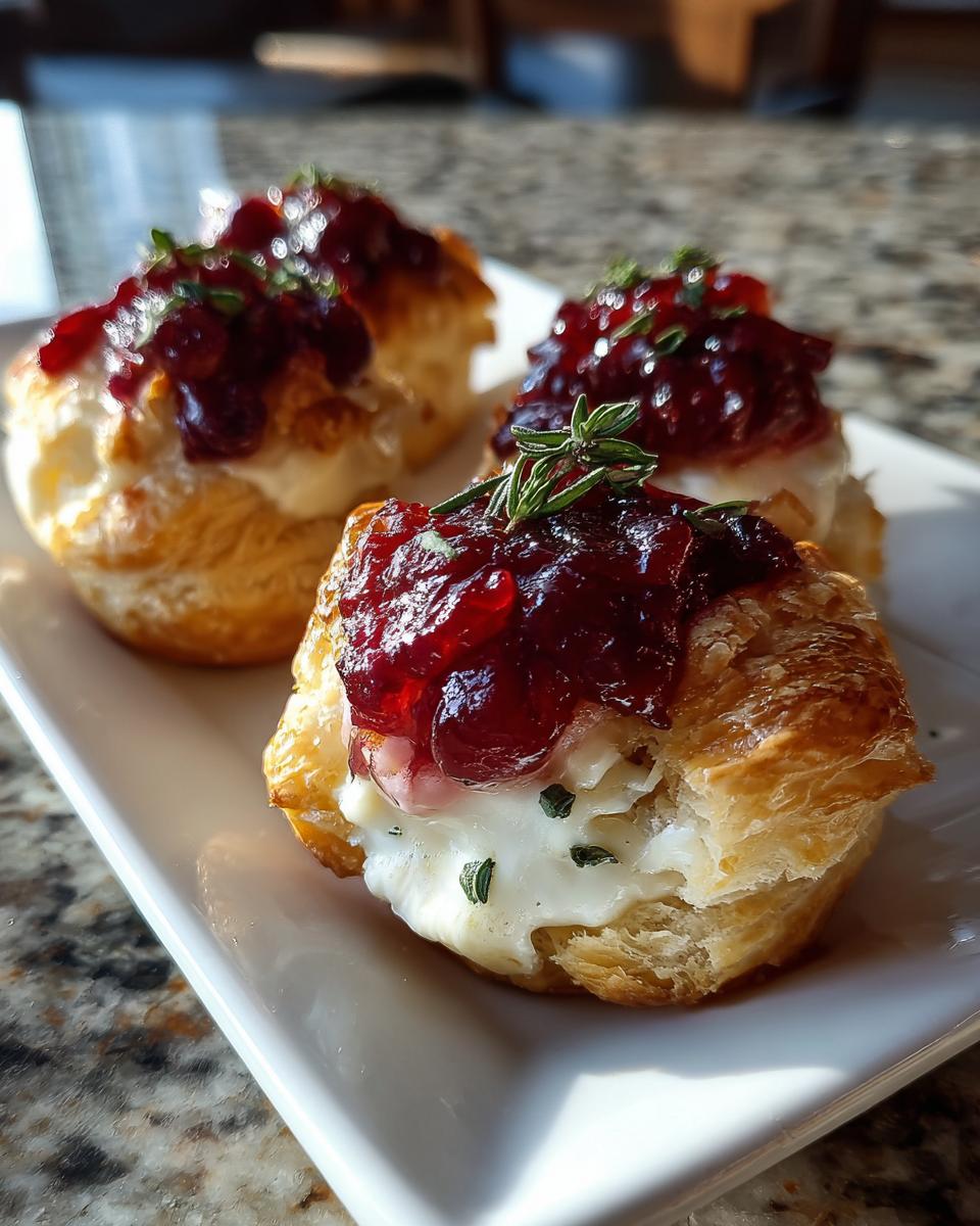 Close-up of three flaky pastry cranberry brie bites topped with cranberry sauce and fresh thyme.