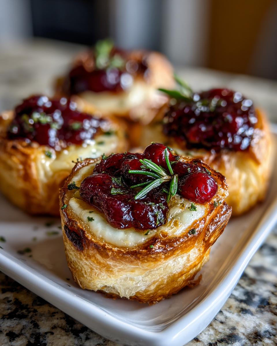 Close-up of warm cranberry brie bites made with flaky pastry, melted brie, and topped with cranberry sauce and fresh rosemary.