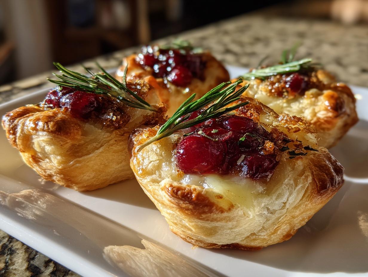 Three golden baked cranberry brie bites made with flaky puff pastry, topped with cranberry sauce and fresh rosemary sprigs.
