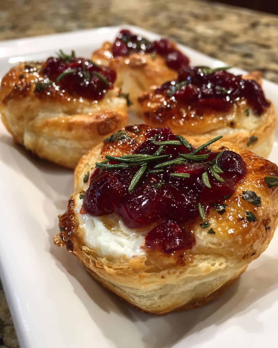 Four golden puff pastry cranberry brie bites topped with melted brie, cranberry sauce, and fresh rosemary sprigs.