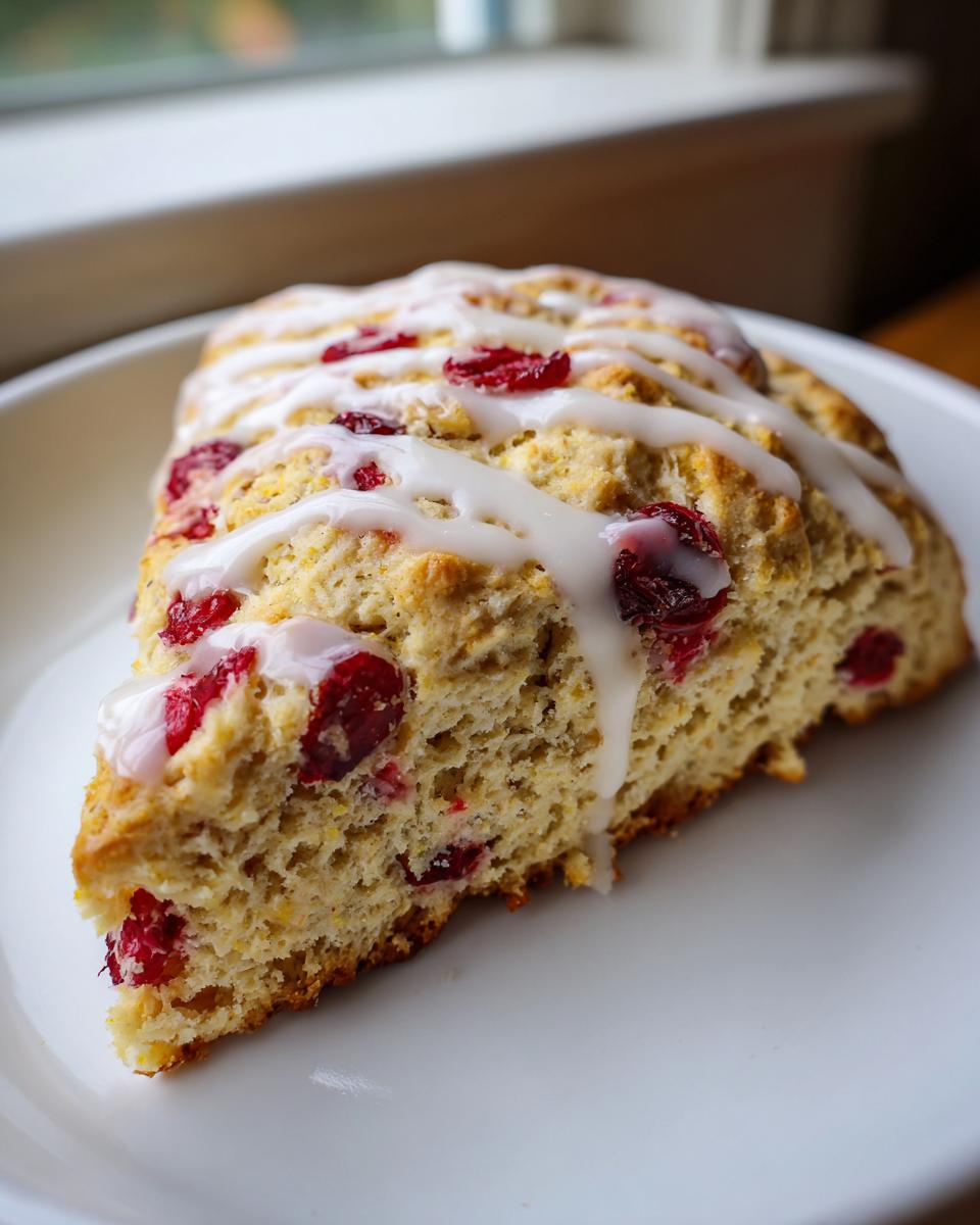 Close-up of a flaky cranberry orange scone slice topped with white citrus glaze.