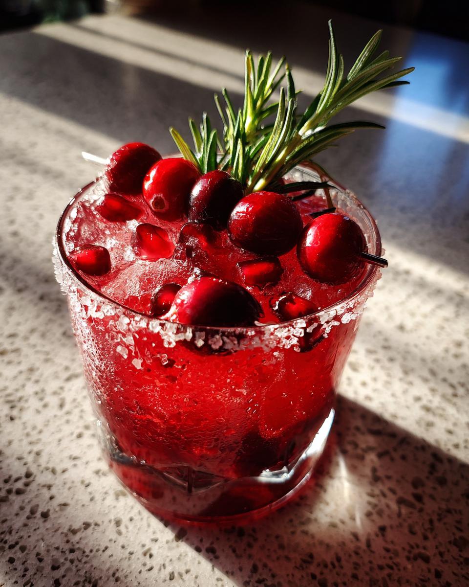 A bright red cranberry pomegranate margarita garnished with fresh cranberries, pomegranate seeds, and a sprig of rosemary.
