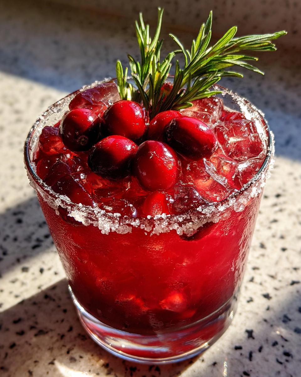 Close-up of a vibrant cranberry pomegranate margarita with a sugared rim, ice, fresh cranberries, and rosemary garnish.