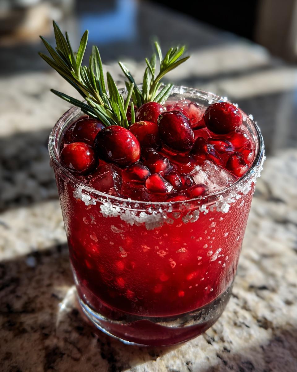Close-up of a vibrant cranberry pomegranate margarita garnished with fresh cranberries, pomegranate seeds, and rosemary sprigs.