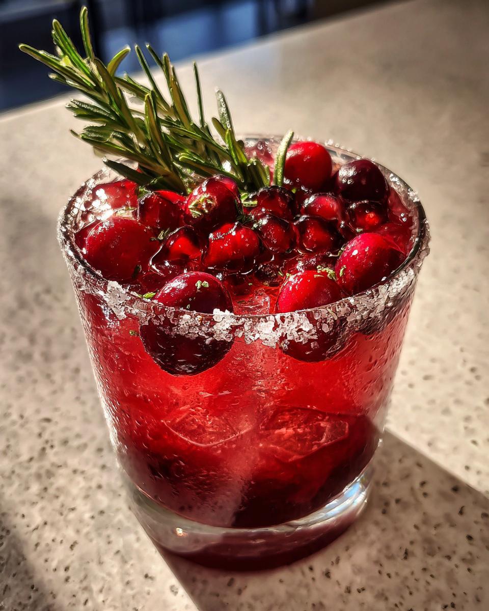 Close-up of a vibrant cranberry pomegranate margarita garnished with fresh cranberries and rosemary.