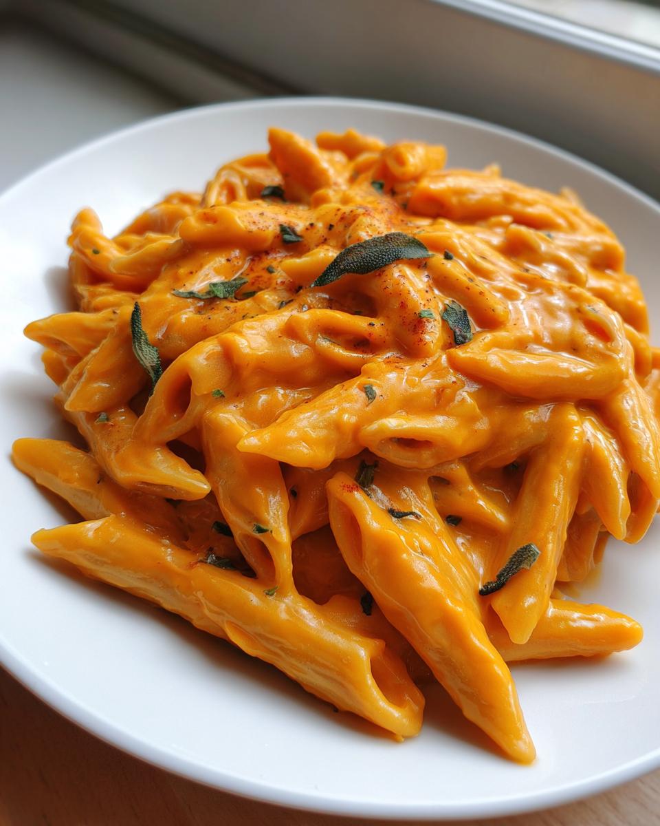 Close-up of penne pasta coated in a rich, orange butternut squash pasta sauce, garnished with fresh sage leaves.