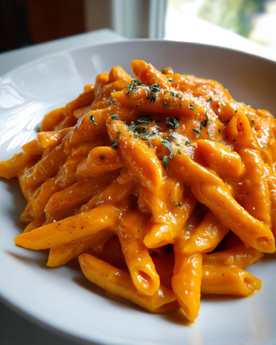 Close-up of penne pasta coated in a rich, orange butternut squash pasta sauce, garnished with herbs.