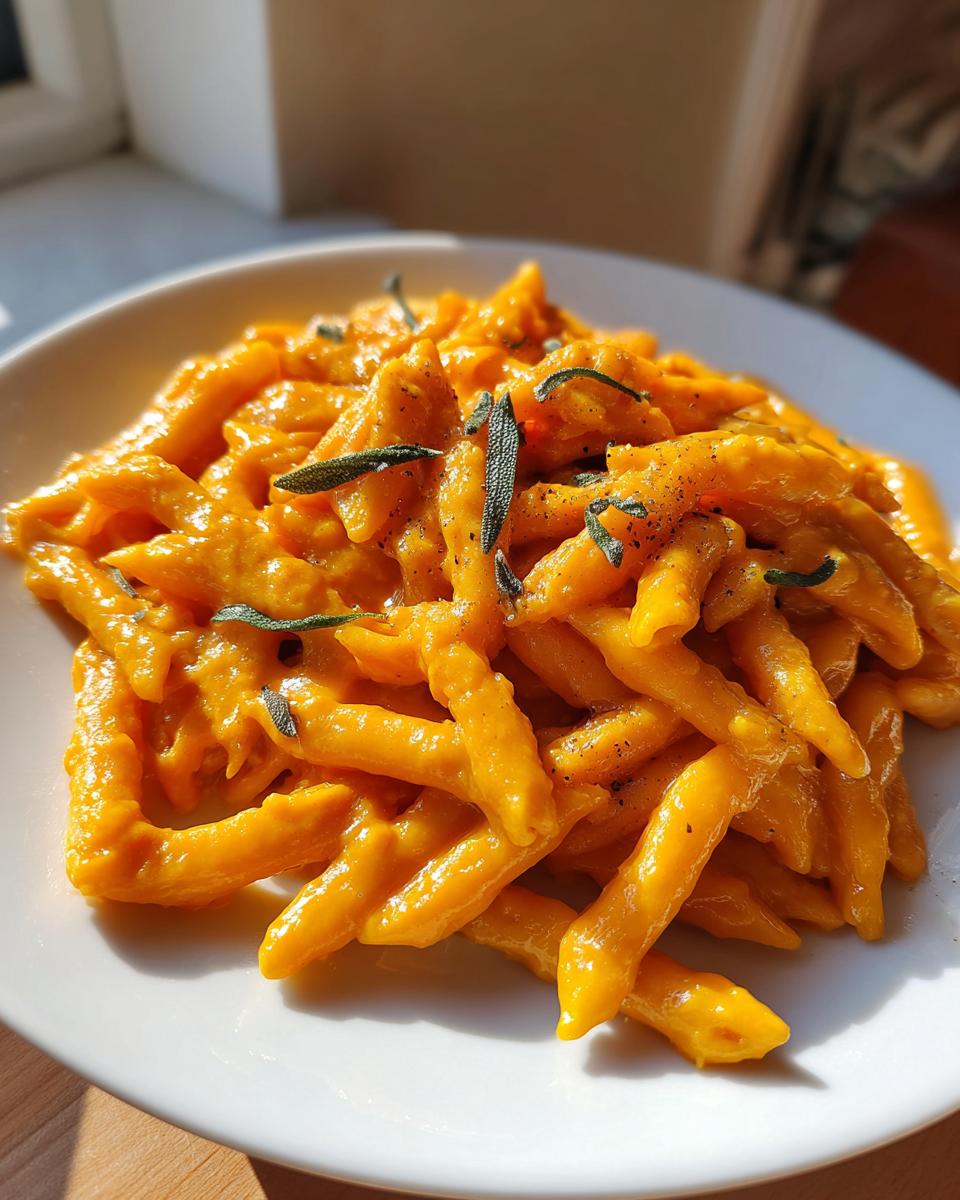 Close-up of creamy butternut squash pasta coated in a rich orange sauce and topped with fresh sage leaves.