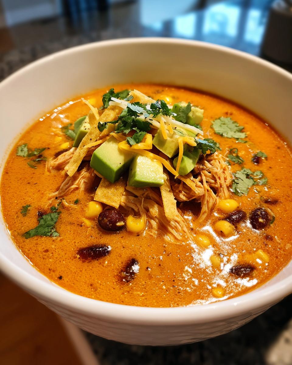 A close-up of a bowl of creamy, orange-hued chicken tortilla soup topped with shredded chicken, avocado, and tortilla strips.