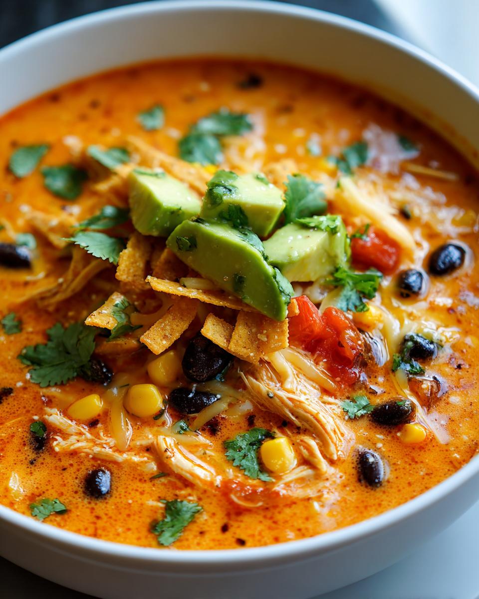 Close-up of a bowl of creamy, orange-hued chicken tortilla soup topped with avocado, black beans, and tortilla strips.