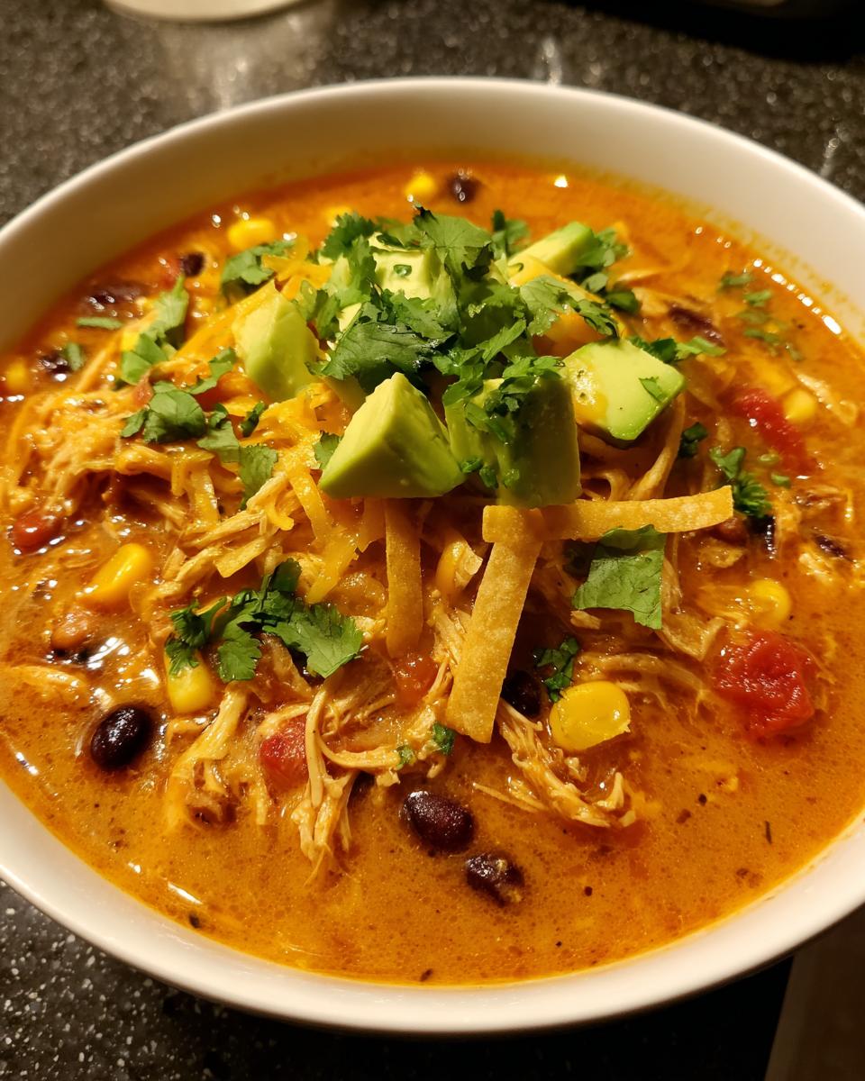A close-up of a bowl of vibrant orange chicken tortilla soup, topped with shredded chicken, black beans, corn, avocado, and cilantro.