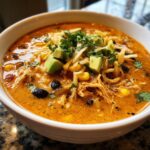 Close-up of a rich, orange-hued chicken tortilla soup topped with avocado, black beans, and crispy tortilla strips.