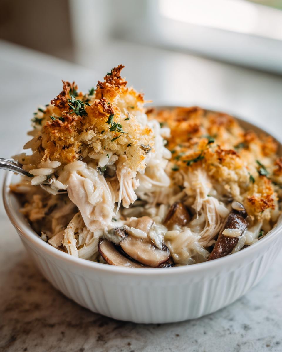 A spoonful of creamy chicken wild rice casserole, featuring shredded chicken, mushrooms, and a crispy breadcrumb topping.