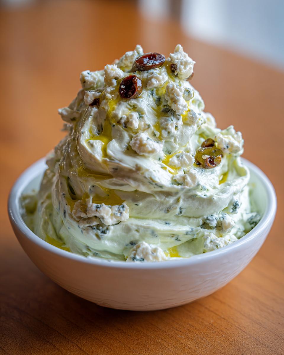 A bowl of creamy, pale green dirty martini dip generously topped with blue cheese crumbles and sliced olives, drizzled with olive oil.