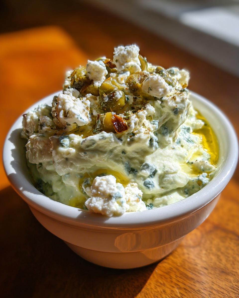 A small white bowl filled with creamy, light green dirty martini dip, topped with feta/blue cheese crumbles and chopped olives.