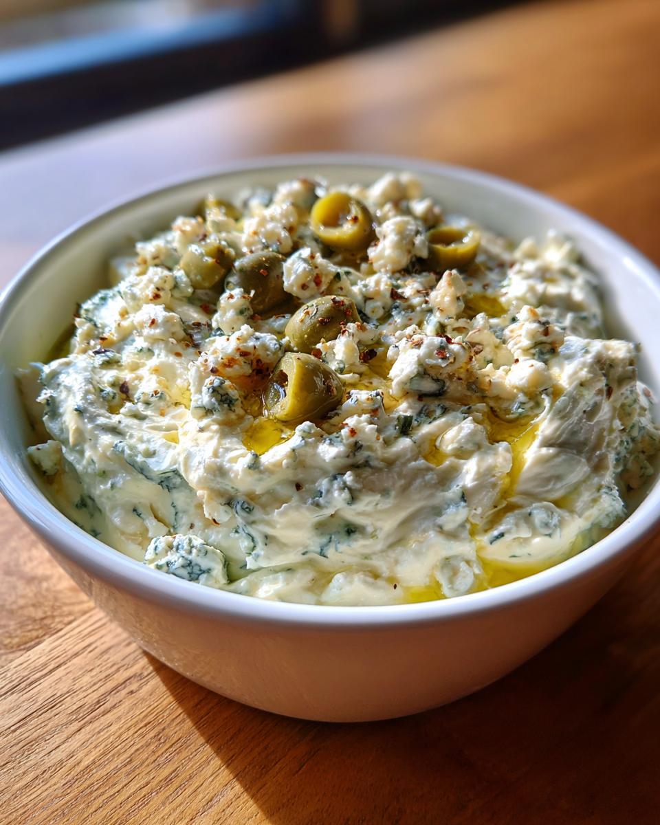 A white bowl filled with creamy dirty martini dip, topped with feta or blue cheese crumbles, green olives, and olive oil.