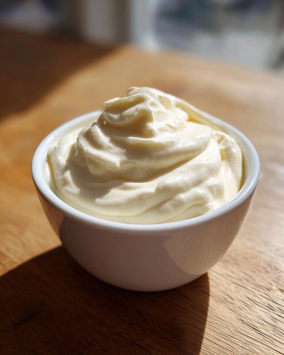 A small white bowl filled with thick, creamy homemade garlic sauce, sitting on a wooden surface.