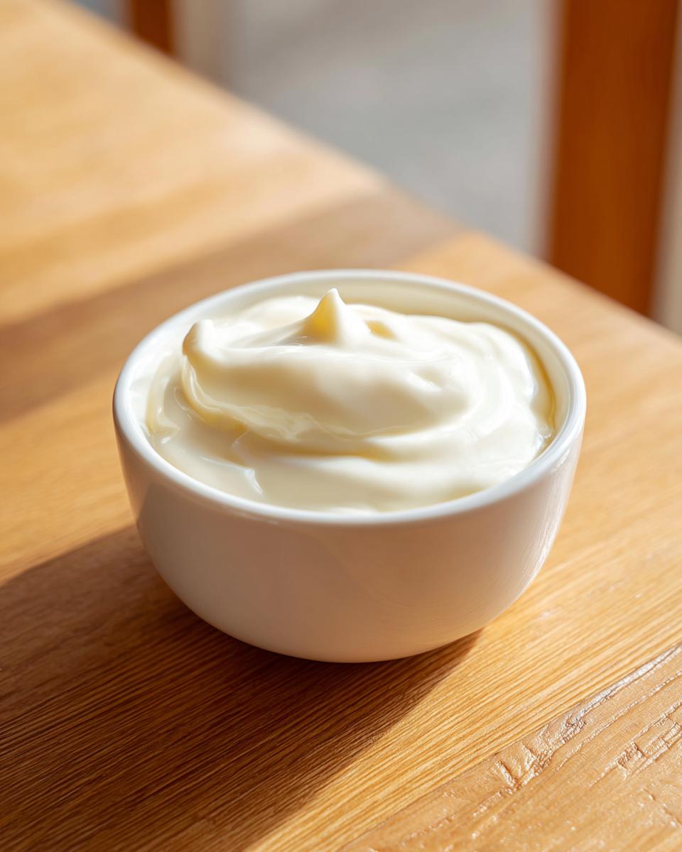 A small white bowl filled with thick, creamy homemade garlic sauce, sitting on a wooden surface.
