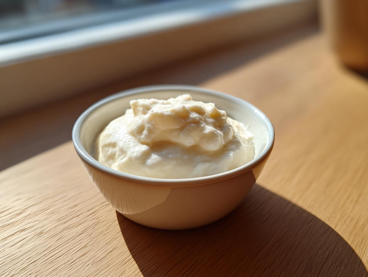 A small white bowl filled with thick, creamy homemade garlic sauce sitting on a sunny wooden surface.