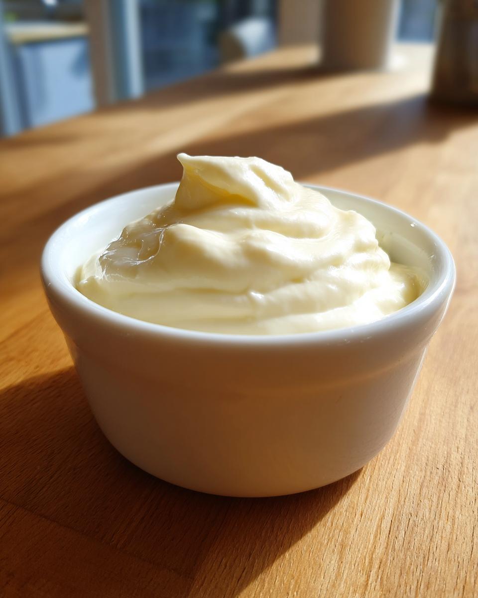 A close-up of thick, creamy homemade garlic sauce served in a small white ramekin on a wooden table.