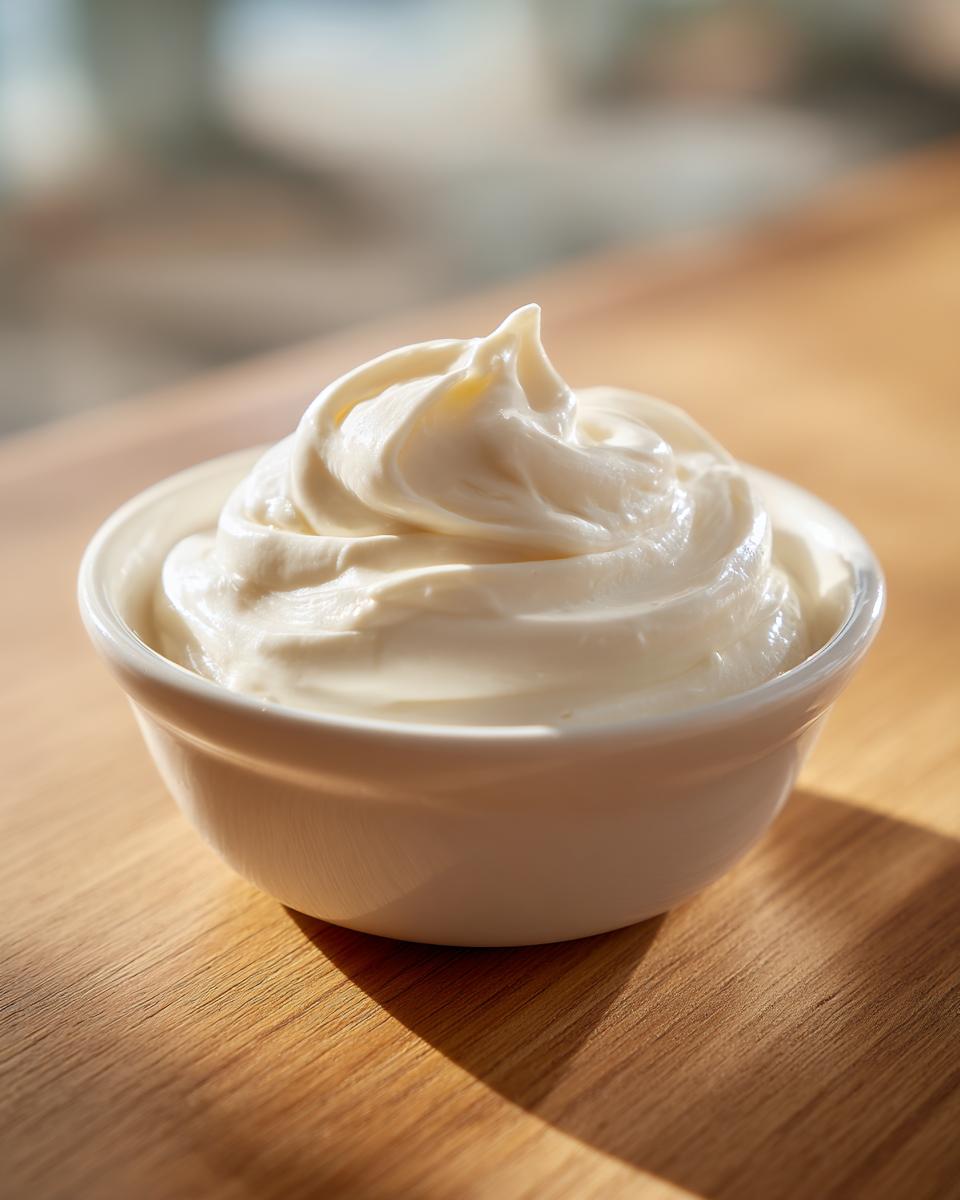 A close-up of a perfectly swirled, creamy white homemade garlic sauce in a small white ramekin on a wooden surface.