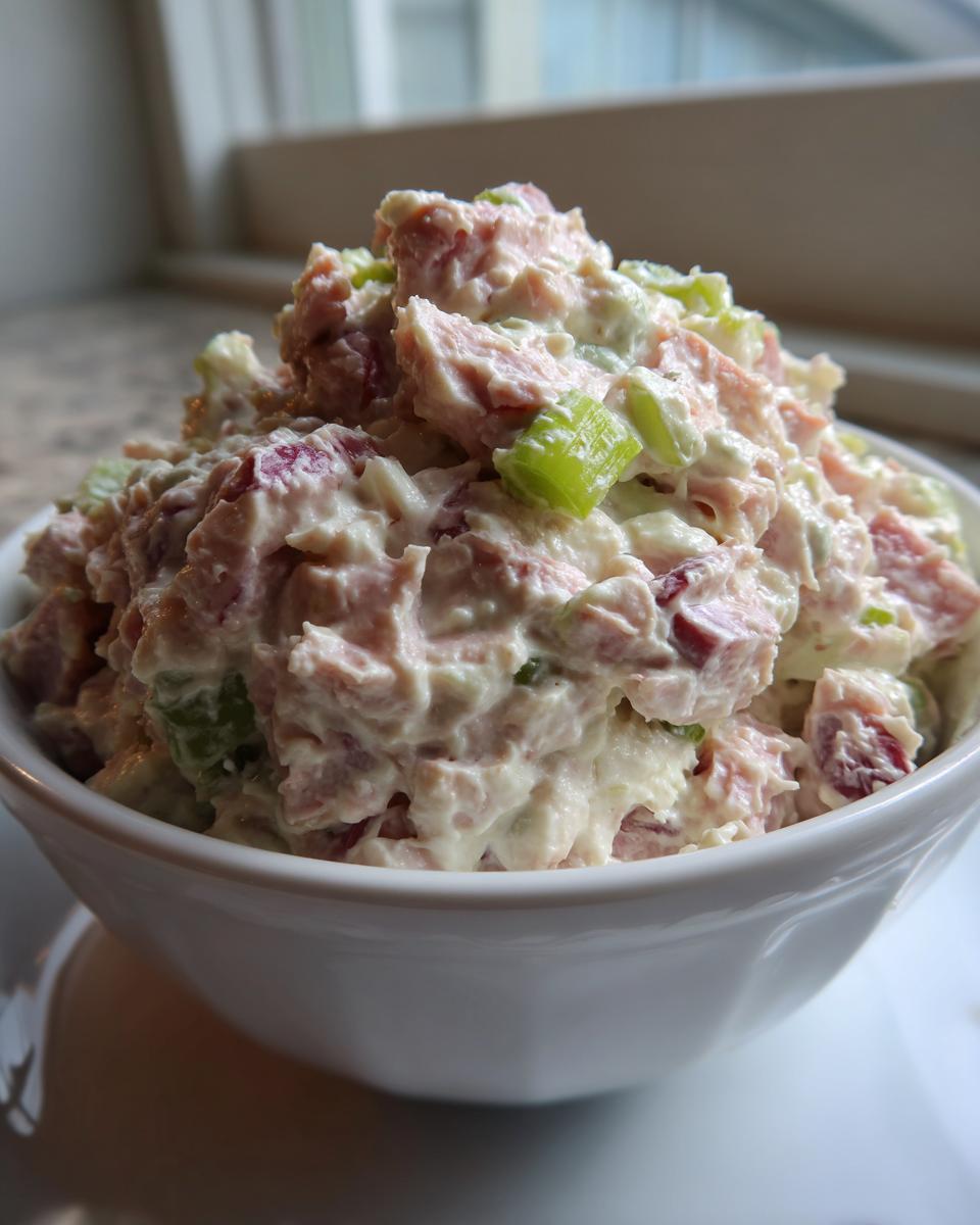 A generous serving of creamy ham salad mixed with celery and red onion in a small white bowl.