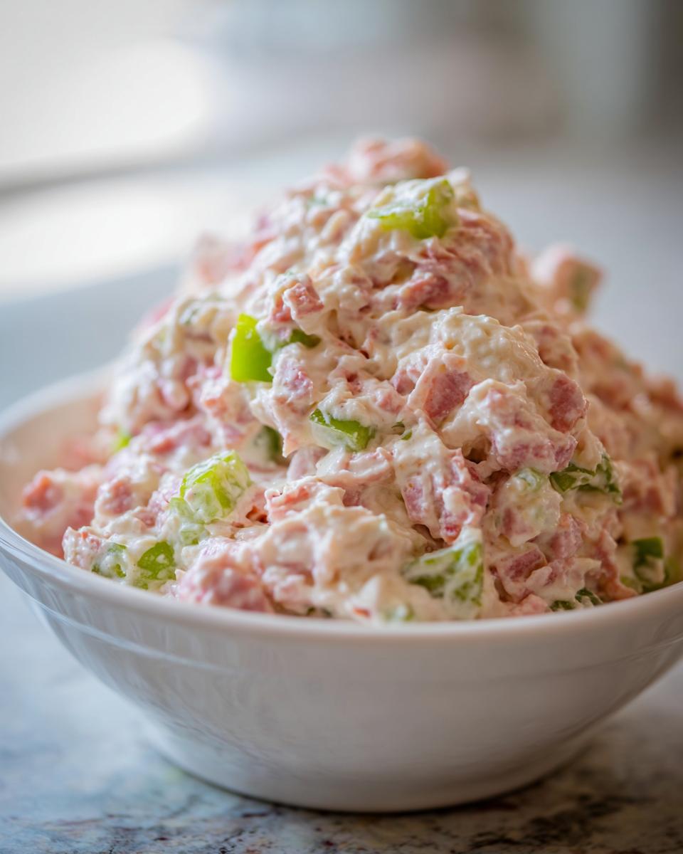 A close-up of creamy ham salad mixed with chopped green peppers served in a white bowl.