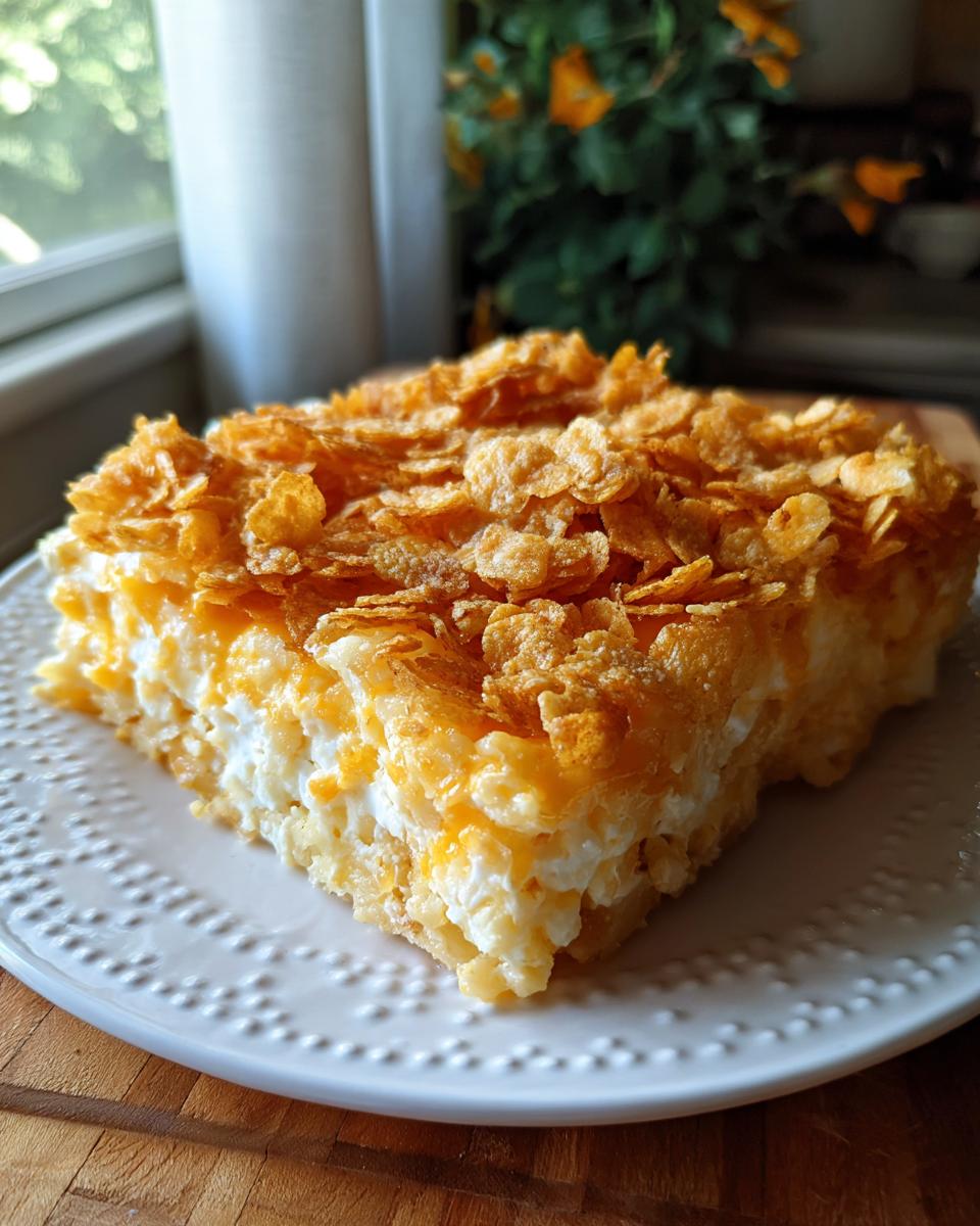 A square slice of creamy hashbrown casserole topped with golden, crunchy cornflakes, served on a white plate.