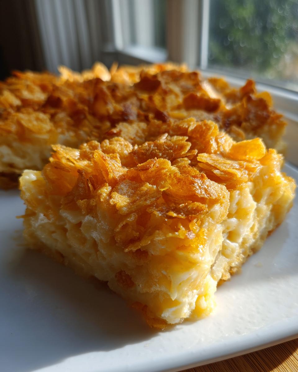 A close-up slice of creamy hashbrown casserole topped with crispy, golden cornflakes.