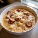 Close-up of a hearty bowl of creamy kielbasa potato soup topped with shredded Parmesan cheese.