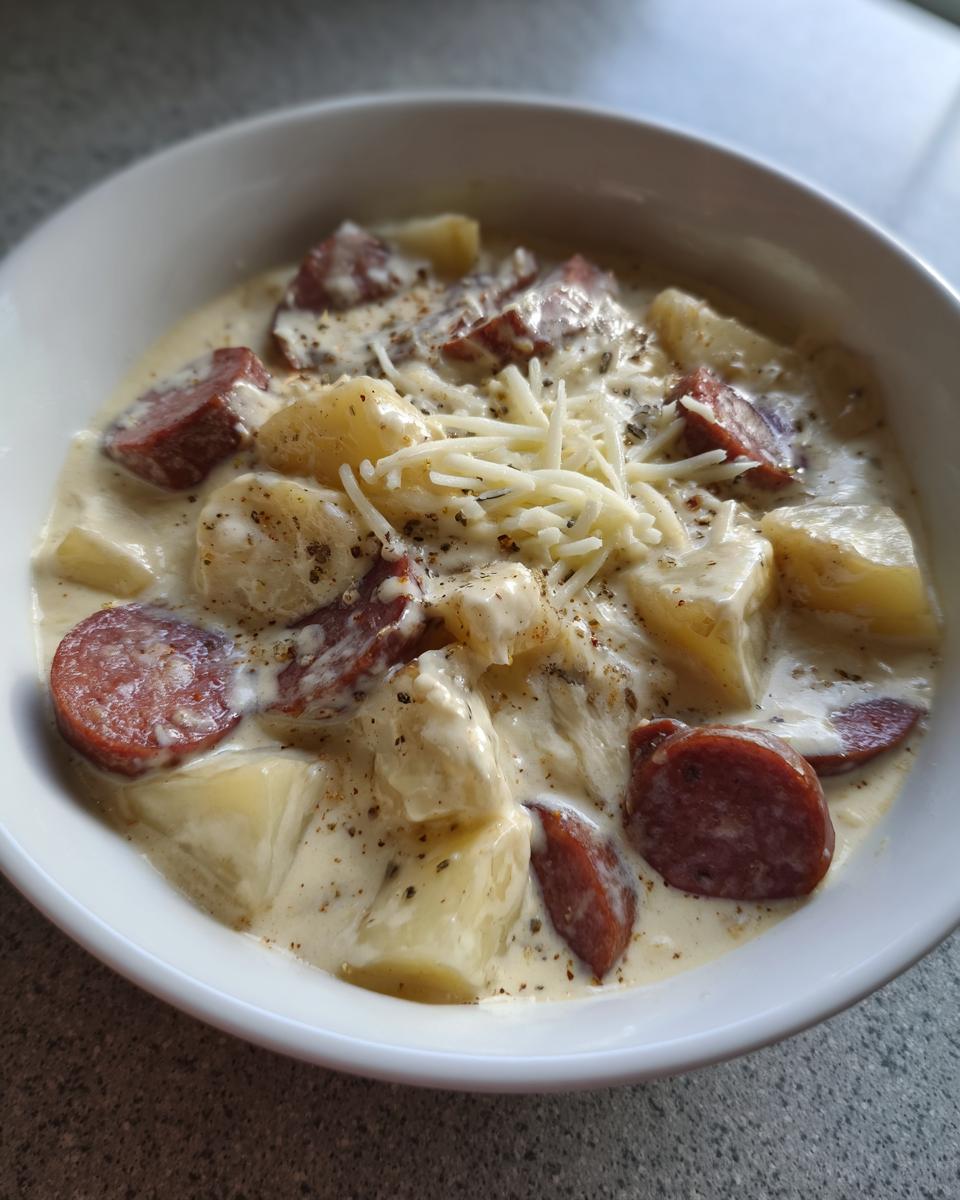 Close-up of creamy kielbasa potato soup with chunks of potato, sliced sausage, and shredded cheese topping.