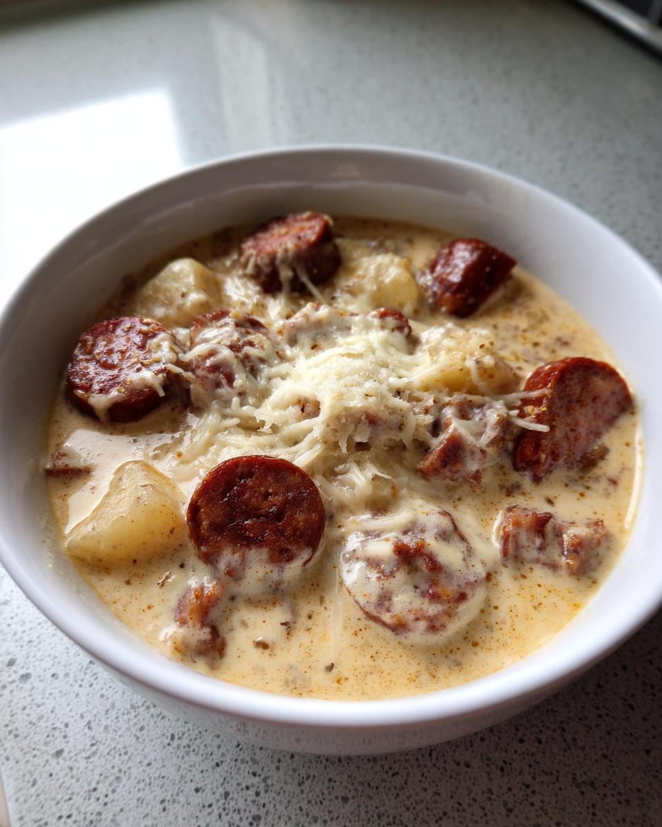 A close-up of a bowl of creamy kielbasa potato soup garnished with shredded cheese.