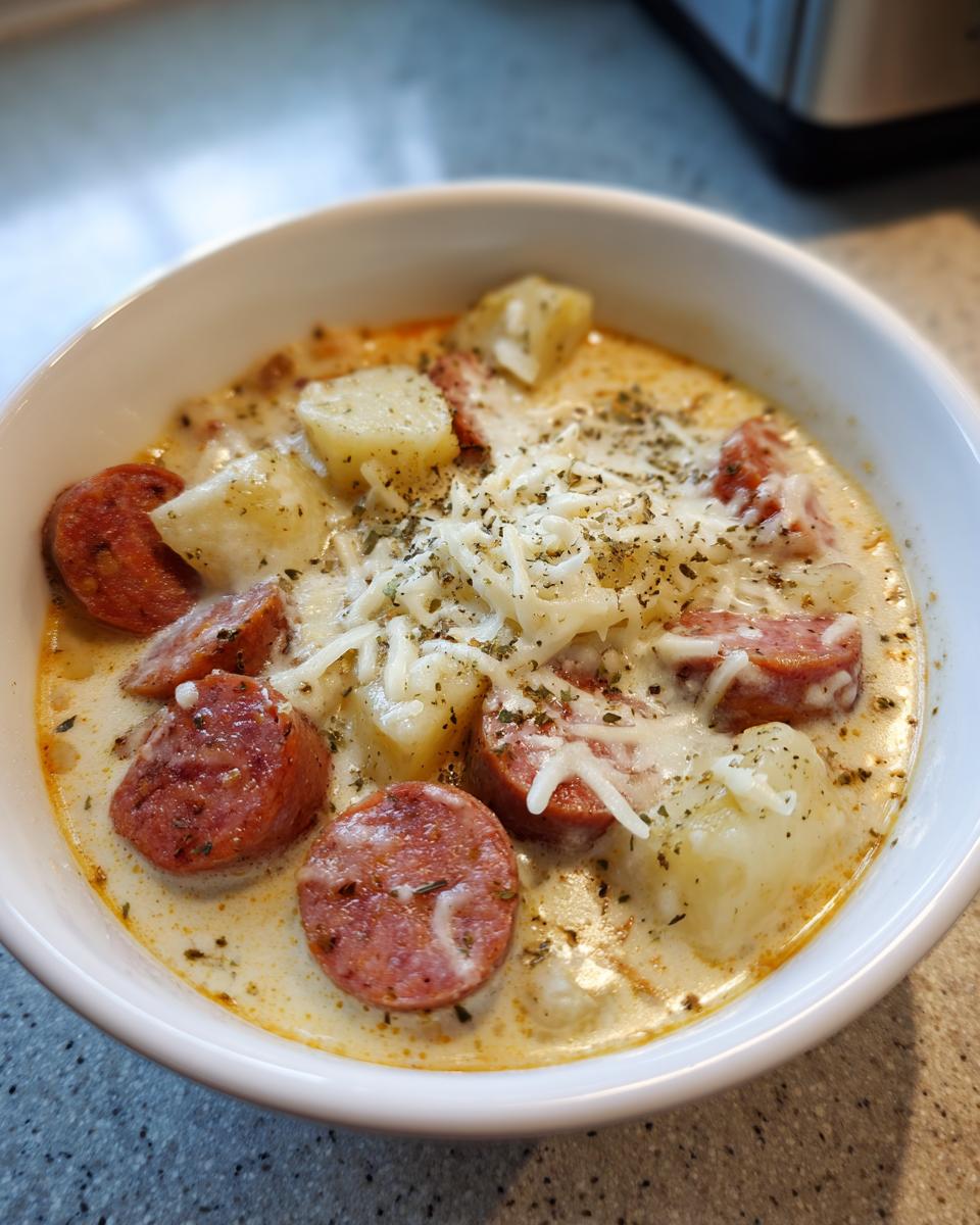 Close-up of a white bowl filled with creamy kielbasa potato soup, topped with shredded cheese and herbs.