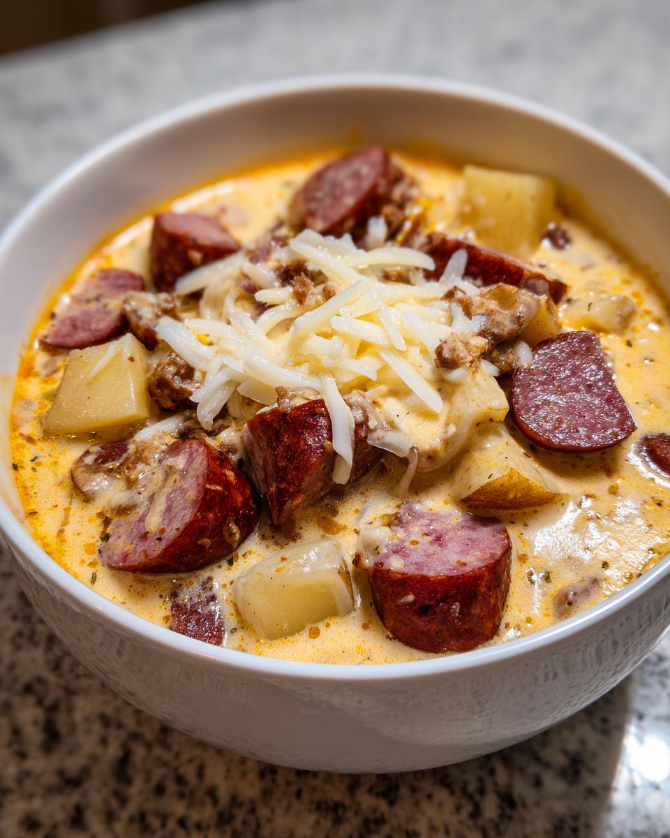 Close-up of a bowl of creamy kielbasa potato soup, featuring chunks of sausage, potatoes, and shredded cheese.