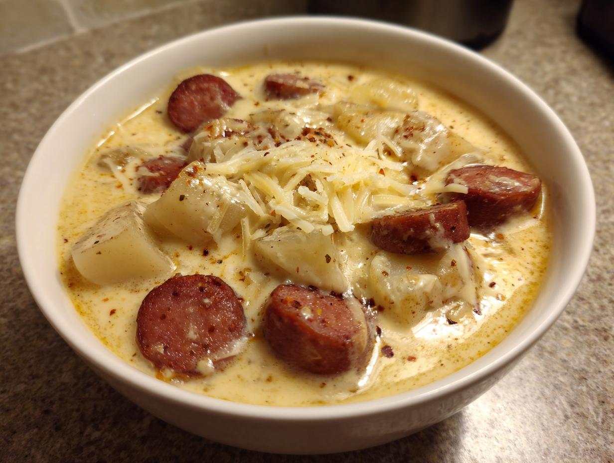 A close-up of a hearty bowl of creamy kielbasa potato soup topped with shredded cheese and spices.