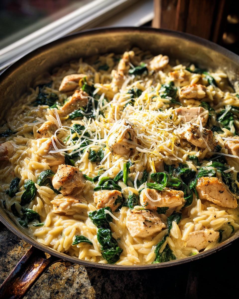 Close-up of creamy lemon chicken orzo mixed with wilted spinach and topped with shredded cheese.