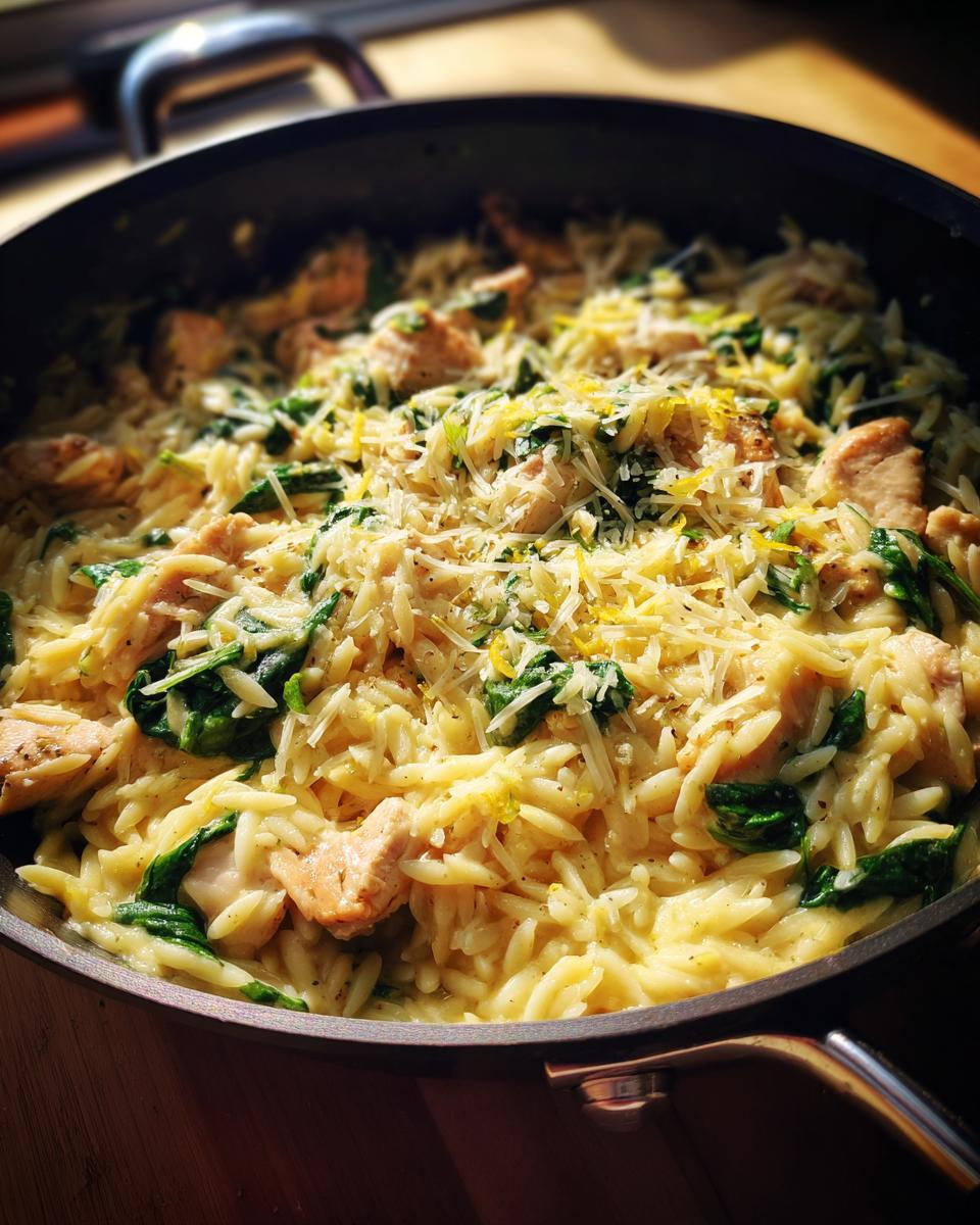 Close-up of creamy lemon chicken orzo mixed with wilted spinach and topped with grated cheese.